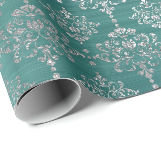 Papel De Presente Damask Silver Teal Aquatic Ocean Ornament Real (Ponta do rolo)