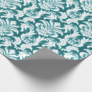 Papel De Presente Damask Teal Blue Turquoise Ocean White Velvet