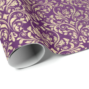 Papel De Presente Damask Violeta Roxo Pluma Dourada Real