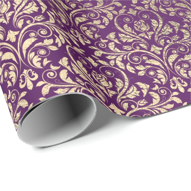 Papel De Presente Damask Violeta Roxo Pluma Dourada Real (Ponta do rolo)