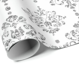 Papel De Presente Damask White Royal Cinza Silver Glitter
