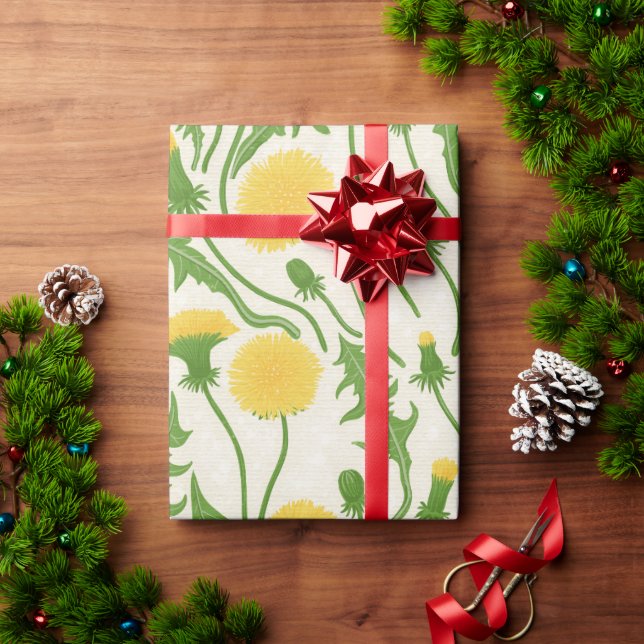 Papel De Presente Dandeliões, verdes, amarelos e brancos (Presente de Natal)
