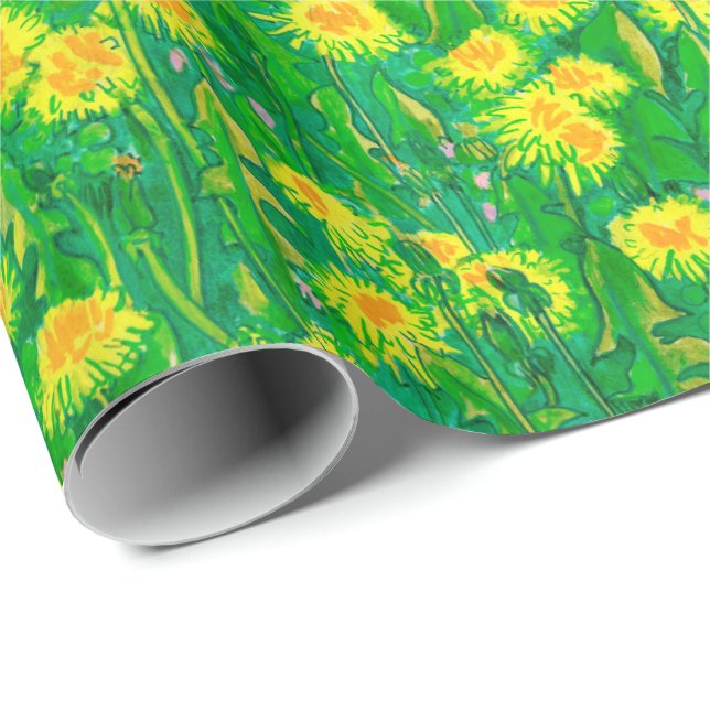 Papel De Presente Dandelion Bloom Summer Flowers Floral Verde Amarel (Ponta do rolo)