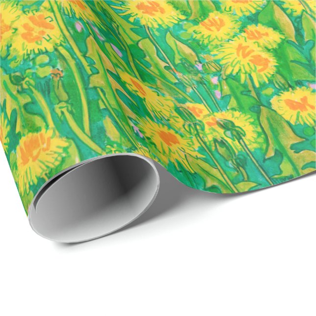 Papel De Presente Dandelion Bloom Summer Flowers Floral Verde Amarel (Ponta do rolo)
