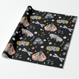 Papel De Presente Dark Academia Moth Floral em preto