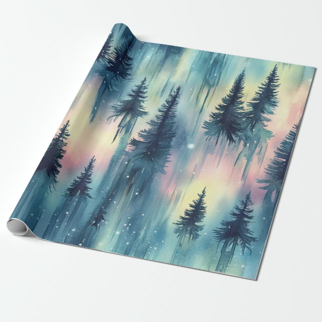 Papel De Presente Dark Aurora Borealis Night Forest (10) (Desenrolado)