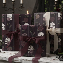 Papel De Presente Dark Burgundy Gothic Skull & Rose Stripes