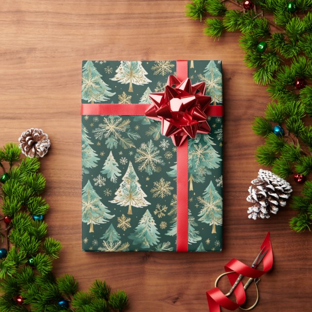 Papel De Presente Dark Christmas Trees & Snowflakes Wrapping Paper (Presente de Natal)