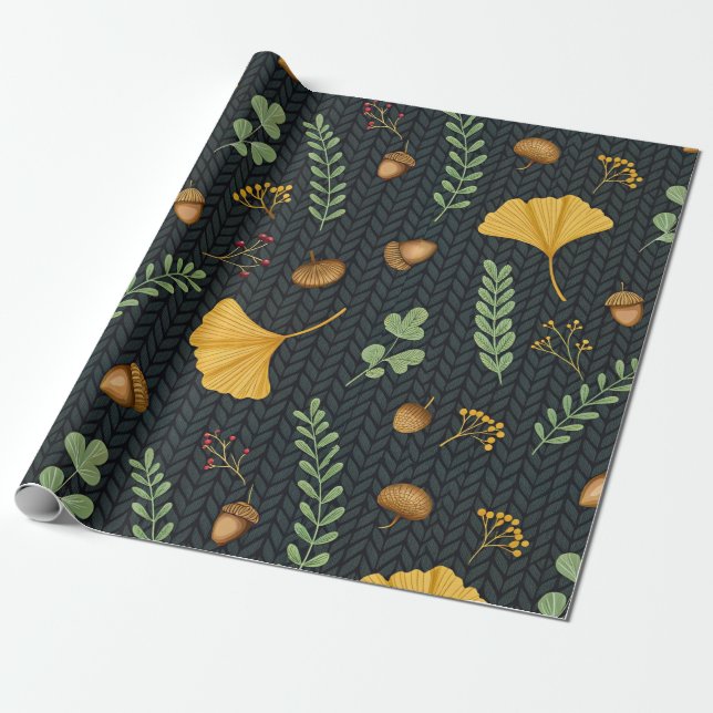 Papel de Presente Dark Fall com Folhas de Ginkgo e (Desenrolado)