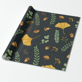 Papel De Presente Dark Fall Gift Wrap with Ginkgo Leaves and Acorns