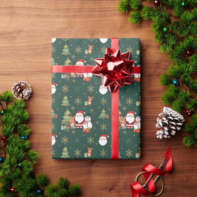 Papel De Presente Dark Green Festive Pattern Gift Wrapping Paper (Presente de Natal)