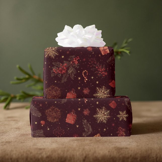 Papel De Presente Dark Modern Elegant Holiday Patterns Pine Berry (Criador carregado)