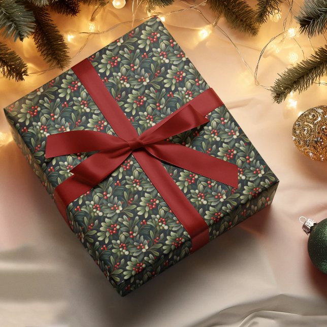 Papel De Presente Dark Moody American Mistletoon Winter Holiday (Elegant Dark and Moody American Mistletoe Christmas Winter Holiday Wrapping Paper)