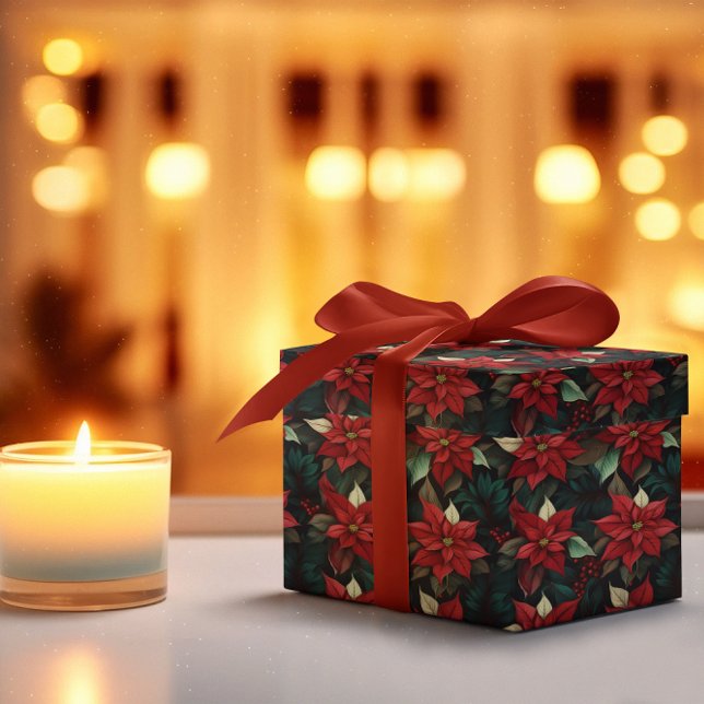 Papel De Presente Dark Moody Poinsettia Floral Winter Holiday (Elegant Dark and Moody Poinsettia Floral Christmas and Winter Holiday Wrapping Paper)