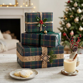 Papel De Presente Dark Navy Blue Red Green Plaid Wrapping Paper