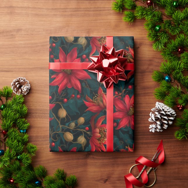 Papel De Presente Dark Red Christmas Floral Pattern (Presente de Natal)