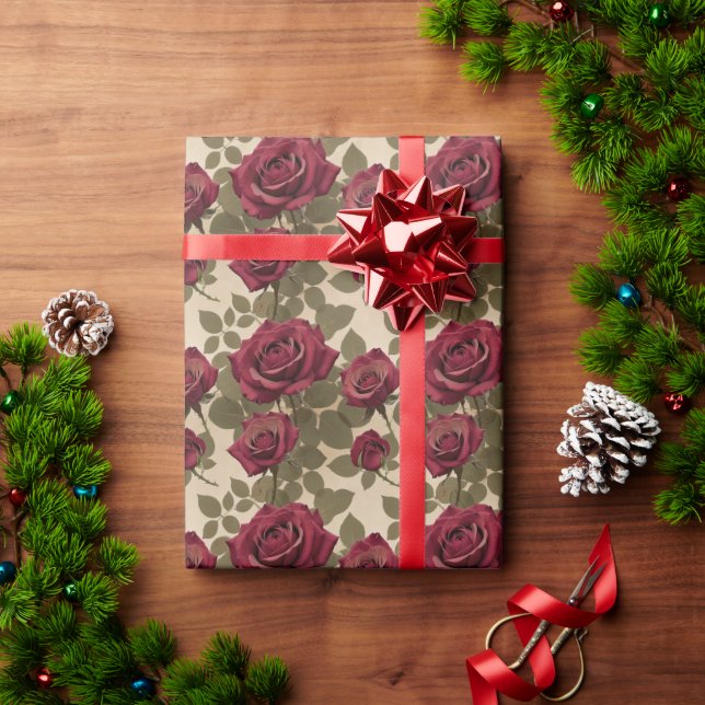 Papel De Presente Dark Red Roses With Faded Green Leaves (Presente de Natal)