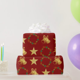 Papel De Presente Dark Red Wrapping Paper w Gold Bells, Stars Wreath