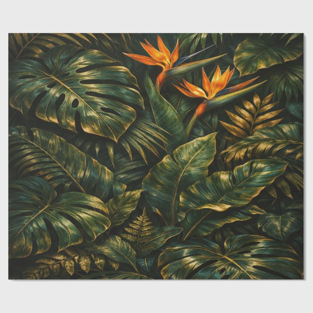 Papel De Presente Dark Tropical Monstera Gold Botanical Gift Wrap (Aberto)