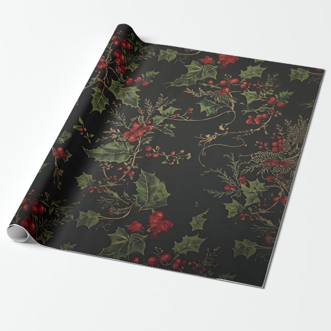 Papel De Presente Dark Victorian Crimson Berries & Gold Vine Wrappin (Desenrolado)