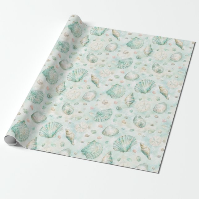 Papel de Presente de Água Marinha com Conchas Esti (Desenrolado)