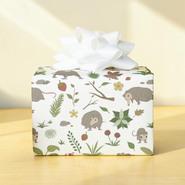 Papel de Presente de Casa de Campo Leve com Gambá  (Sunlit gift box wrapped in white cottagecore opossum woodland paper with a large white bow.)