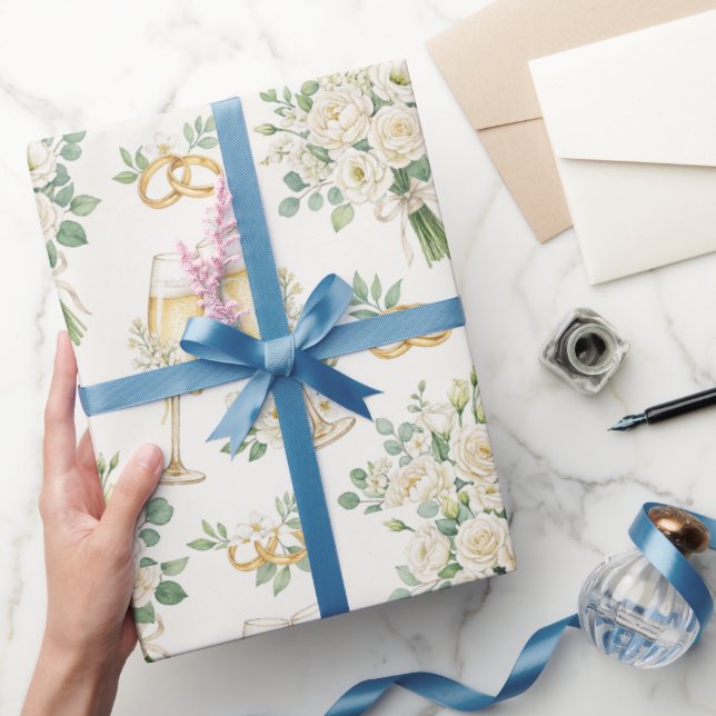 Papel de Presente de Casamento com Flores Brancas  (Presentear)