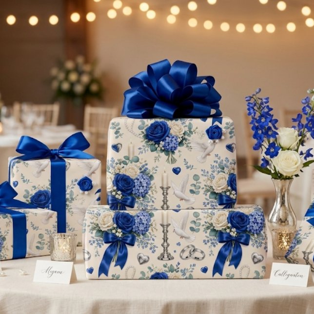 Papel de Presente de Casamento Floral Dourado Azul (Criador carregado)