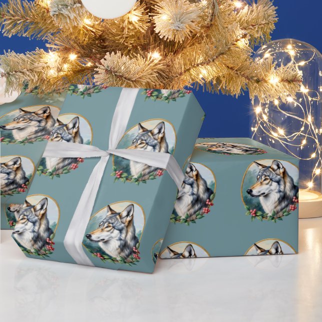 Papel de Presente de Lobo da Arte Popular Azul Sua (Feriados)
