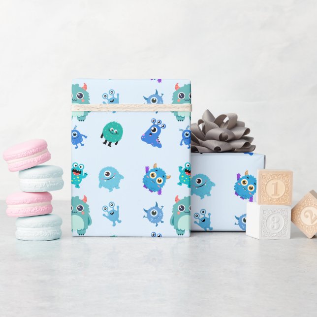 Papel de Presente de Monstro Fofo Azul para Menino (Chá de bebê)