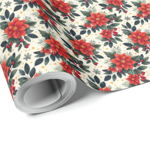 Papel de Presente de Natal com Flores de Poinsetti