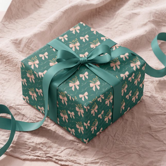 Papel de Presente de Natal com Laço Rosa e Verde e (Elegant Watercolor Pink & Green Bow Christmas Wrapping Paper)