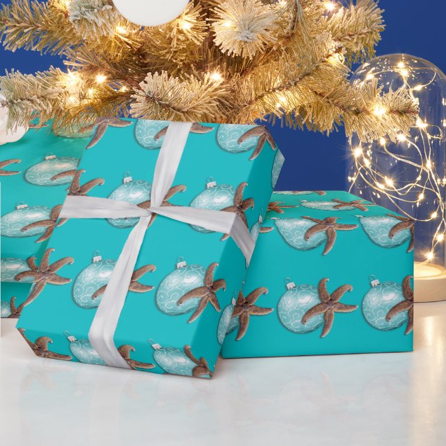 Papel de Presente de Natal Estrela-do-Mar Turquesa (Feriados)