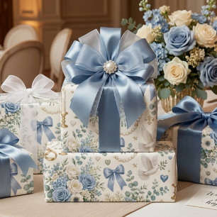 Papel de Presente de Noiva com Flores em Azul Poei