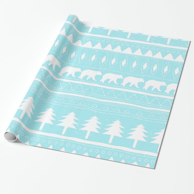 Papel De Presente De Ursos e Padrão Natal-Teal-Natal (Desenrolado)