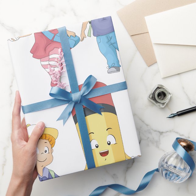 Papel De Presente De volta à escola Cartoon Happy Pencis e Crianças (Criador carregado)