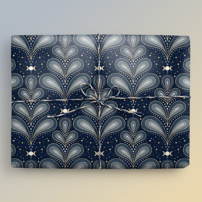 Papel De Presente Deco Celestial de Arte Elegante Azul e Dourada (Gift mockup)