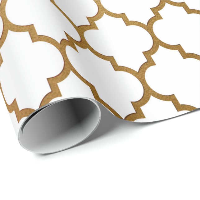 Papel De Presente Deco de Arte de Quatrefoil Branco Dourado (Ponta do rolo)