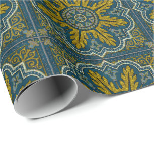 Papel De Presente Deco do Ponto de Estrela Azul e Dourado