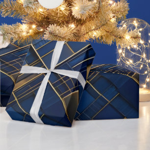 Papel De Presente Deco Dourado Meia-Noite: Geométrico Azul-Marinho L