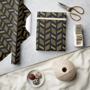 Papel De Presente Deco Geométrico do Padrão Chevron Dourado Preto