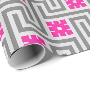 Papel De Presente Deco Greek Key, Cinza e Rosa Fúcsia
