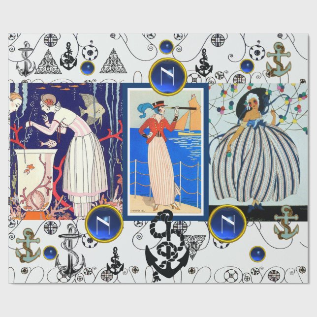 PAPEL DE PRESENTE DECO NAVAL BELEZA MODA MONOGRAMA JOIA AZUL (Aberto)