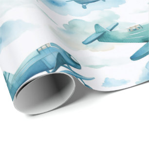 Papel De Presente Decoração de Berçário com Avião Azul Aquarela, Céu
