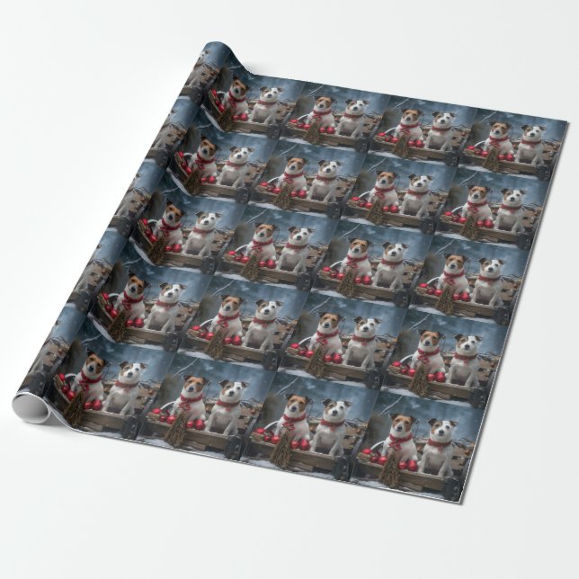 Papel De Presente Decoração de Natal Trenó Nevado Jack Russell  (Desenrolado)