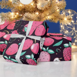 Papel De Presente Decoração preta de frutas rosa