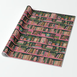 Papel De Presente Decorações de Livros Plantas na Prateleira Rosa Pr