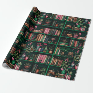 Papel De Presente Decorações de Livros Plantas na Prateleira Verde P