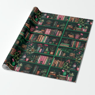 Papel De Presente Decorações de Livros Plantas na Prateleira Verde P