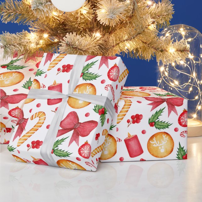 Papel De Presente Decorações de Natal em Aquarela Festivas  (Feriados)